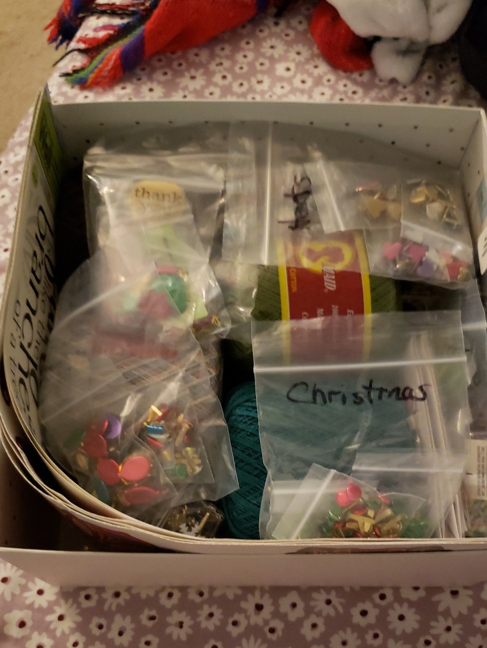 Box of Assorted Sewing & Craft Supplies - Teal, Green, Red Accents